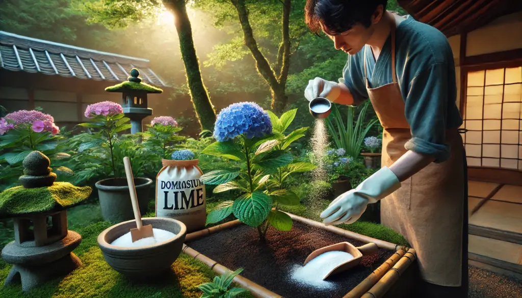 紫陽花(アジサイ)の世話をする庭師、苦土石灰を与える時期と方法。イメージ:苔っと盆栽ライフ