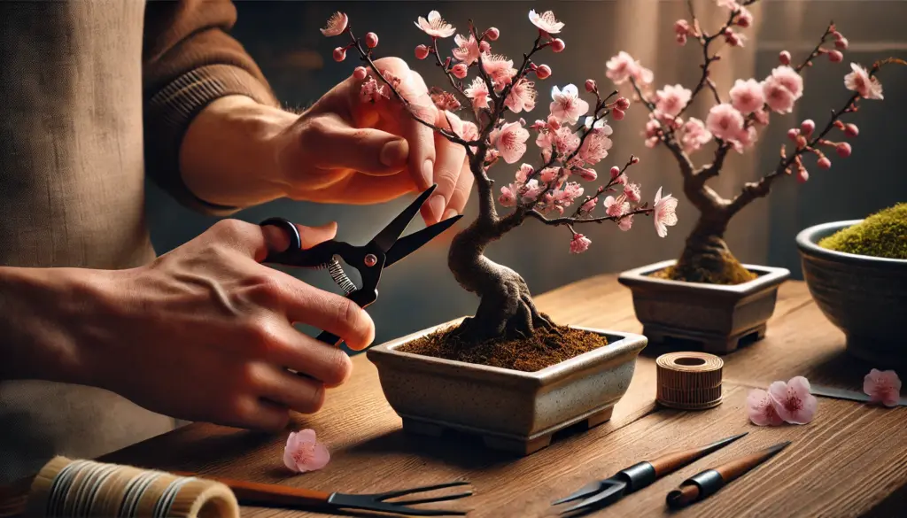 桜の盆栽を剪定する庭師、美しく仕立てるコツ。イメージ:苔っと盆栽ライフ