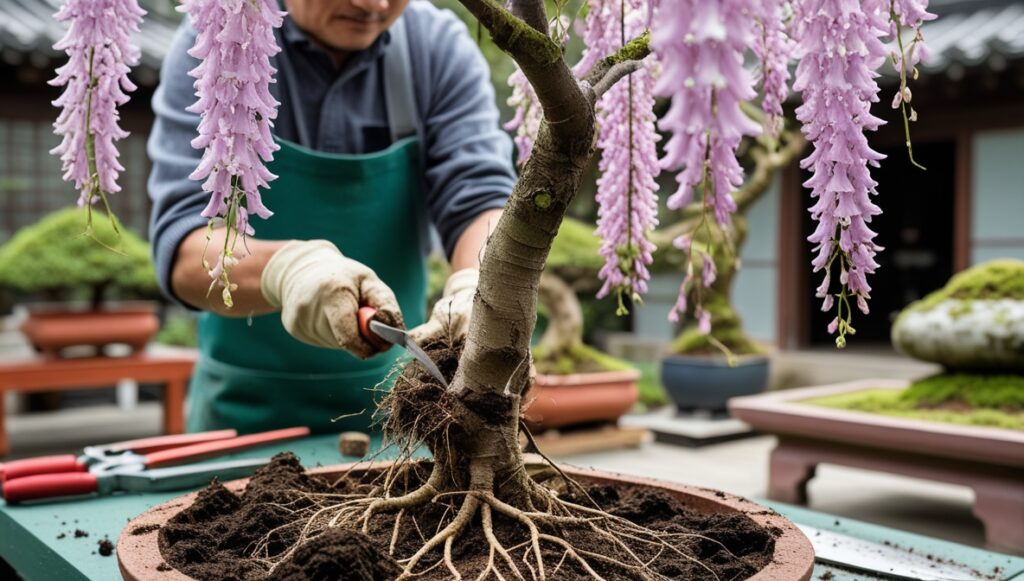 藤盆栽の植え替え作業、時期と根張りを強化する方法。イメージ:苔っと盆栽ライフ