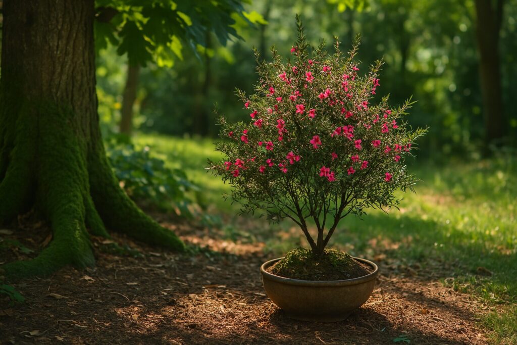 木陰で静かに育つギョリュウバイ。やわらかな木漏れ日が差し込む林の中、ピンクの花が落ち着いた雰囲気の中で咲いており、日陰での育成環境をリアルに表現した風景。イメージ:苔っと盆栽ライフ