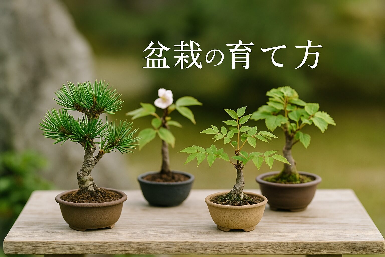 さまざまな種類の盆栽が並ぶ美しい盆栽の写真。盆栽の育て方カテゴリー用のイメージ画像