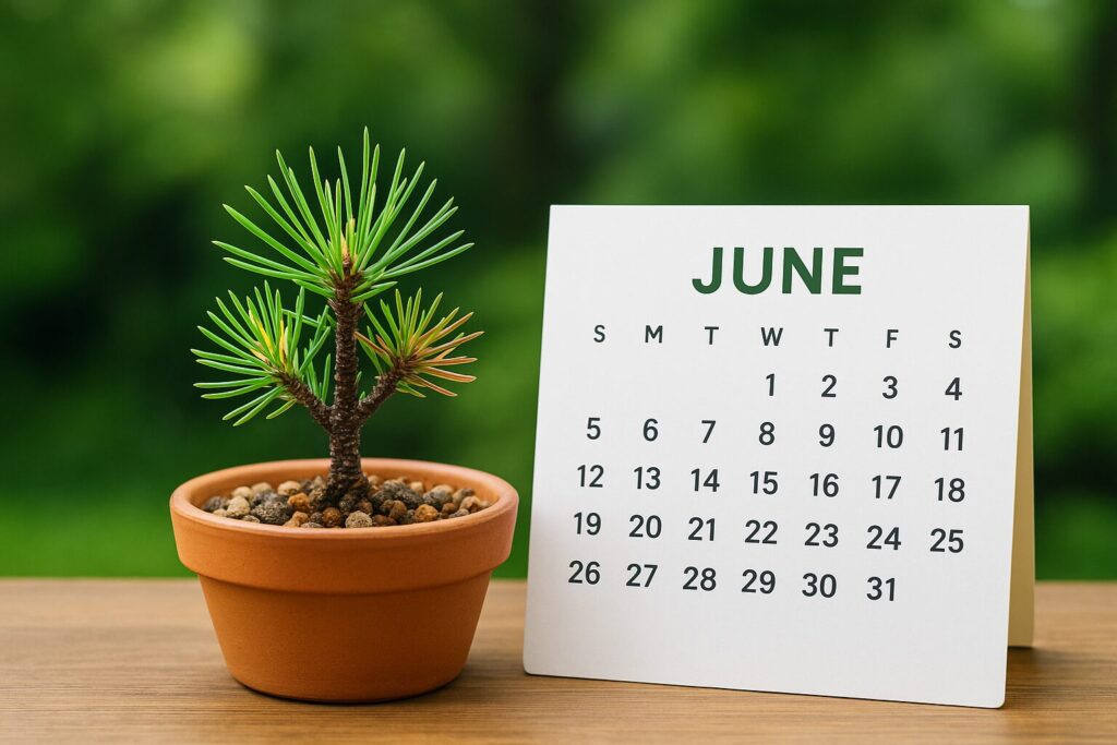 テラコッタ鉢に植えられた五葉松の挿し木と、6月のカレンダー。背景には柔らかな緑の庭が広がっている。イメージ:苔っと盆栽ライフ