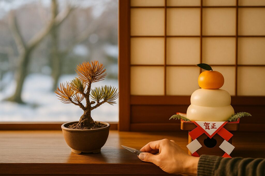 冬の縁側に置かれた五葉松の挿し木と鏡餅。背景には障子と雪景色が広がり、剪定ばさみを添えた穏やかな新年の管理シーン。イメージ:苔っと盆栽ライフ
