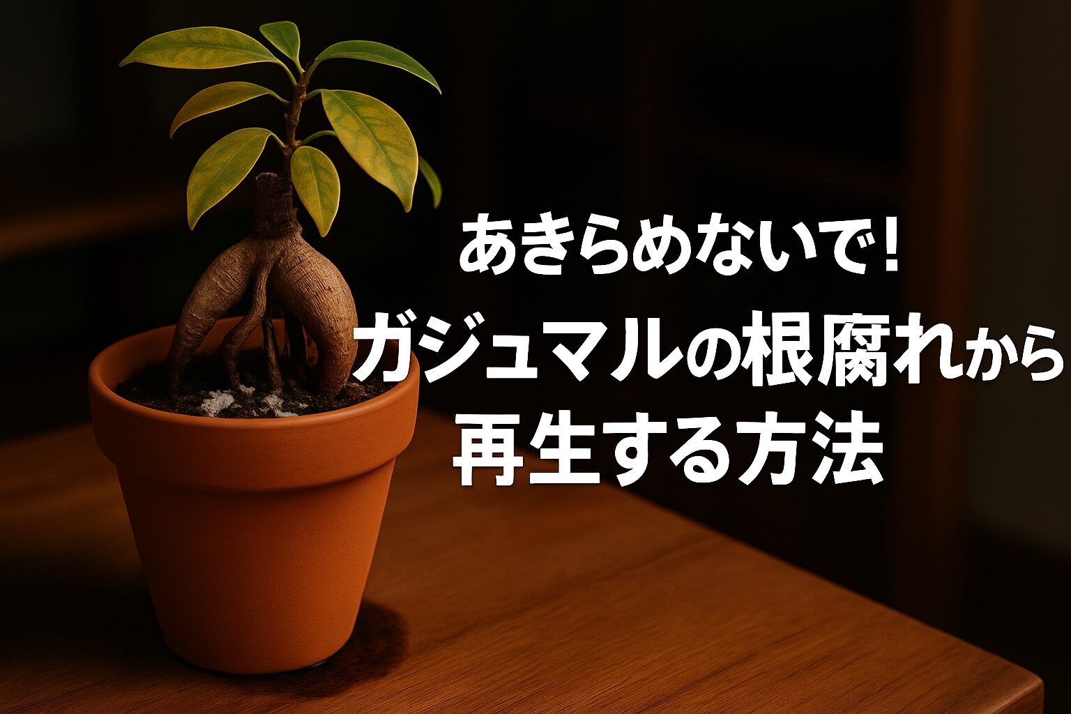 あきらめないで！ガジュマルの根腐れから再生する方法の文字が入った情報アイキャッチ画像。
