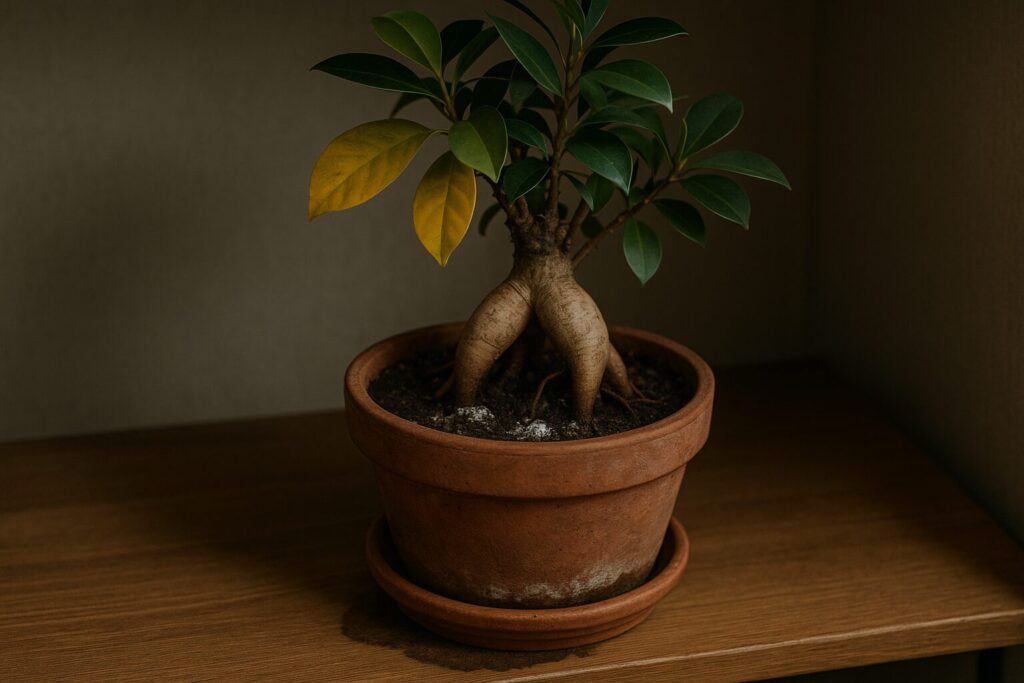 葉が黄変し、土に白カビが生えたガジュマル。根腐れの初期症状が見られる鉢植え。イメージ:苔っと盆栽ライフ