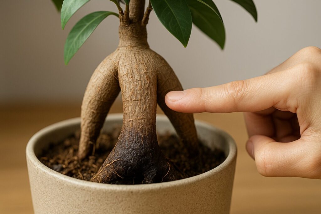 腐った幹の切除を決断する直前のガジュマル。胴切りポイントを指で示す。イメージ:苔っと盆栽ライフ