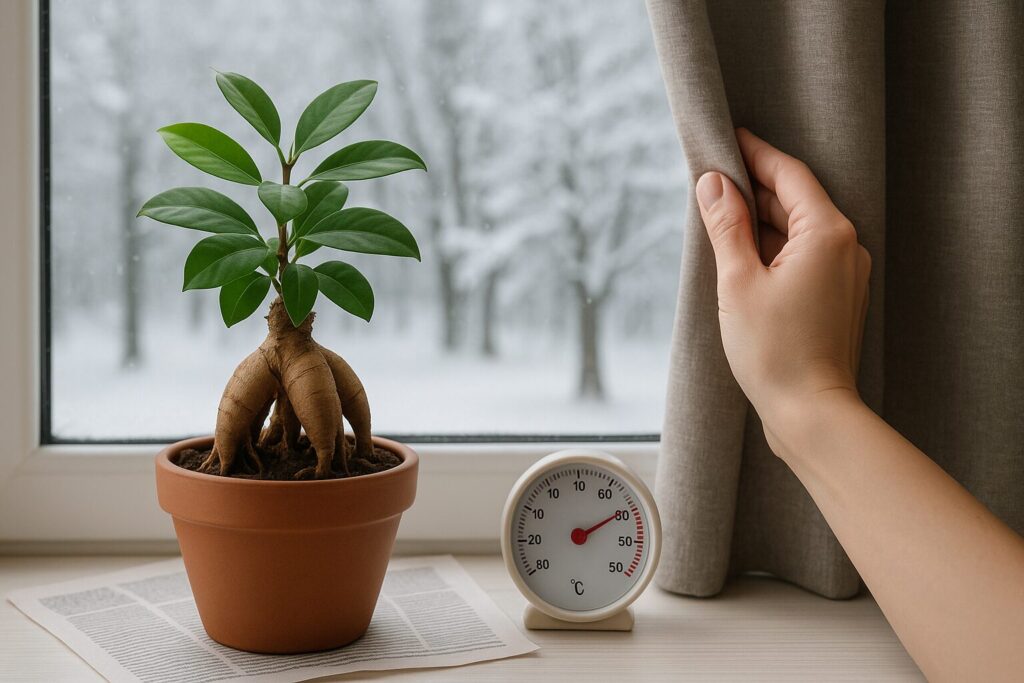 雪景色の窓辺で寒さ対策をするガジュマルの冬管理の様子。イメージ:苔っと盆栽ライフ