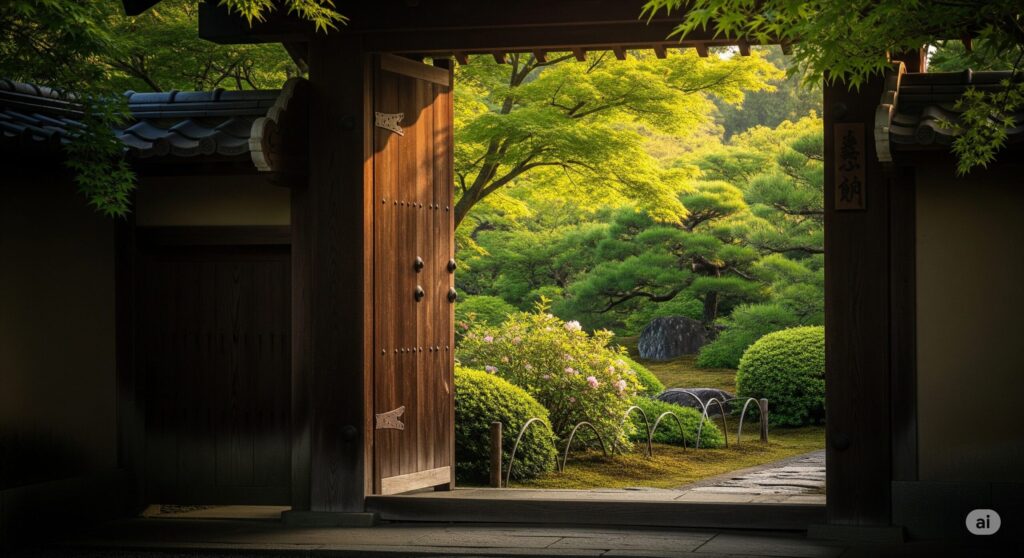 開かれた門の奥に素晴らしい日本庭園が見える。