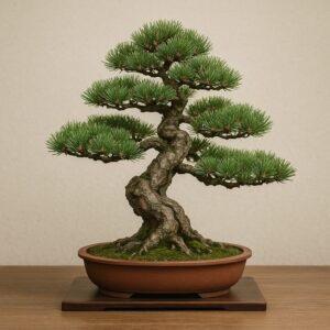 木のテーブルに置かれた、立派な五葉松盆栽。