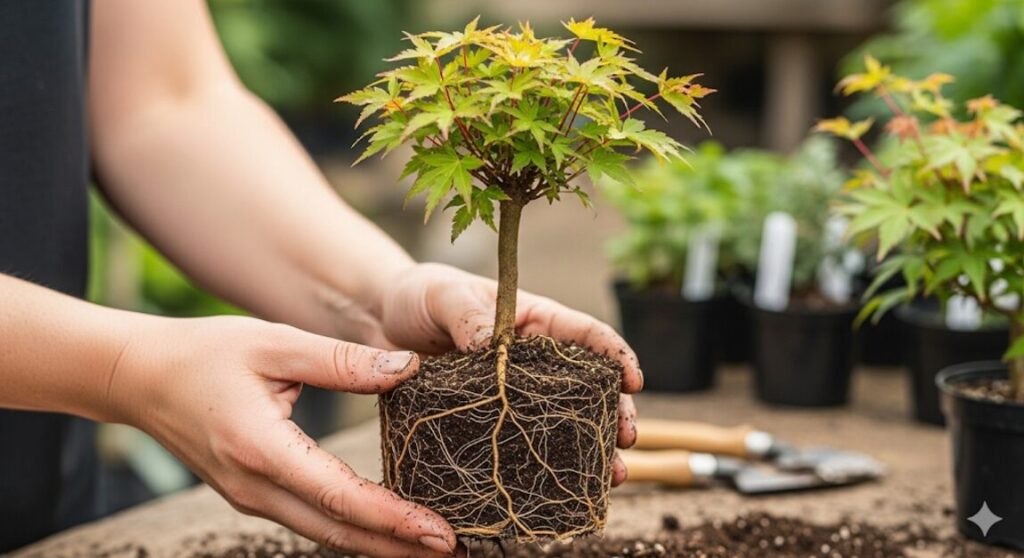 植え替え中のもみじの苗木。盆栽の土台となる、健康的で力強く四方八方に広がる根張りのクローズアップ。