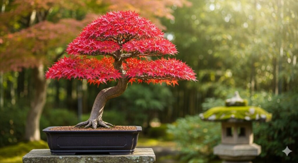 秋の美しい紅葉を見せる模様木の紅葉盆栽。優雅な幹の流れと鮮やかな赤い葉が特徴的な完成形の樹形。