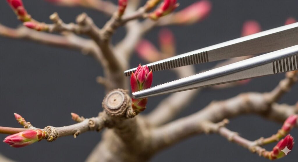 春のもみじ盆栽の新芽をピンセットで優しく摘み取る「芽摘み」作業のクローズアップ。繊細な枝を作るための重要な手入れ。