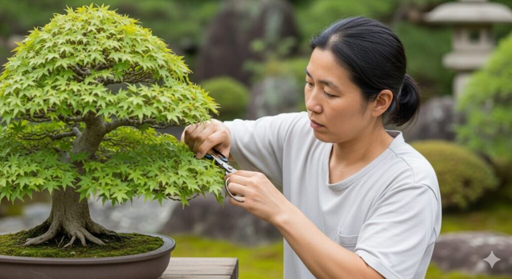 夏の紅葉盆栽。混み合った枝葉を剪定バサミで間引く「透かし剪定」を行い、風通しを良くしている様子。