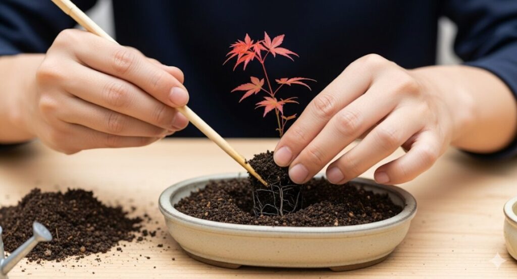 紅葉盆栽の植え付け作業。苗木を鉢に固定し、道具を使って根の周りに土を丁寧に入れている様子。