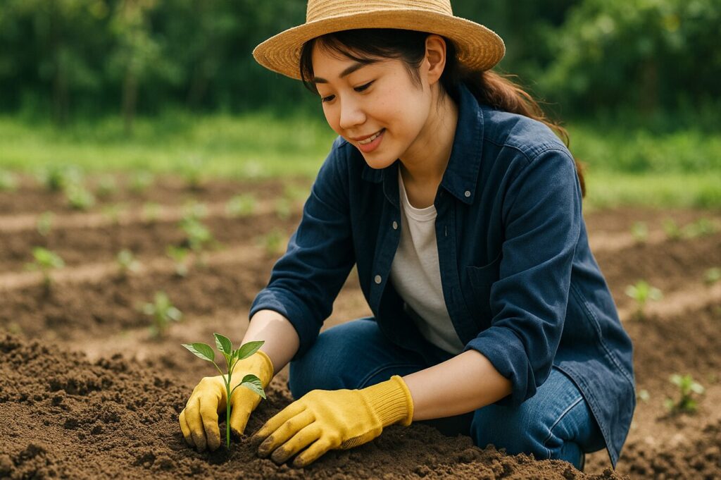 春の庭で若い日本人女性がストローハットをかぶり、黄色い手袋で苗を植えている様子。南天の植え付け時期に適した穏やかな環境をイメージさせる風景。