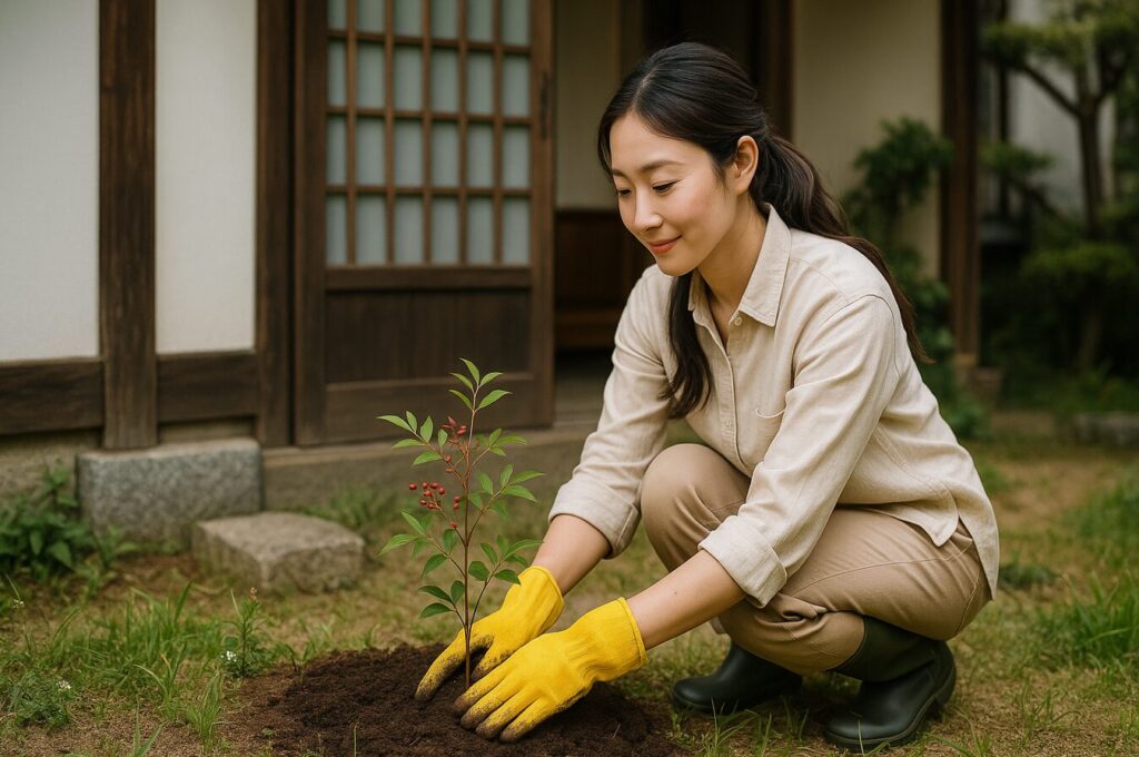 日本人女性が伝統的な日本家屋の前で赤い実をつけた南天の苗を植えている様子。縁起の良い木を植える適した場所をイメージさせる庭の風景。