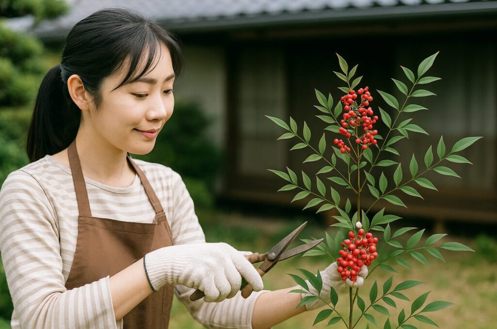 日本人女性が庭で南天の木を16:9の比率で剪定している様子。赤い実をつけた枝を丁寧に切り、美しい樹形を保つための作業をしている光景。