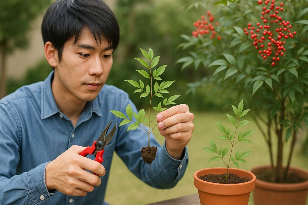 日本人男性が庭で南天の挿し木を準備している様子。剪定ばさみを持ち、根のついた小さな枝を鉢に植えようとしている光景。背後には赤い実をつけた南天の木が見える。