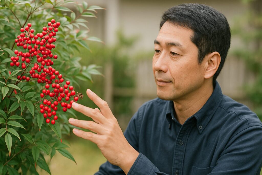 中年の日本人男性が庭で南天の赤い実を観察している様子。枝いっぱいについた実を手でそっと確認し、実を多くつけるための育て方をイメージさせる光景。