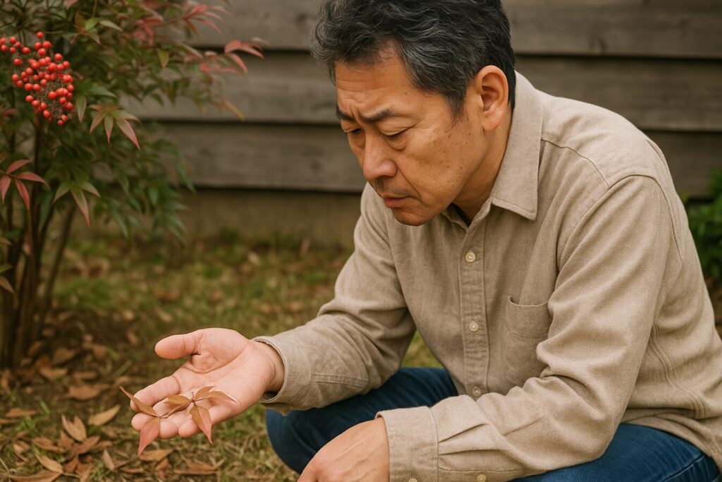 中年の日本人男性が庭で落ちた南天の葉を手に取り、原因を調べている様子。背後には赤い実をつけた南天の木があり、葉が落ちるトラブルとその対策を連想させる光景。
