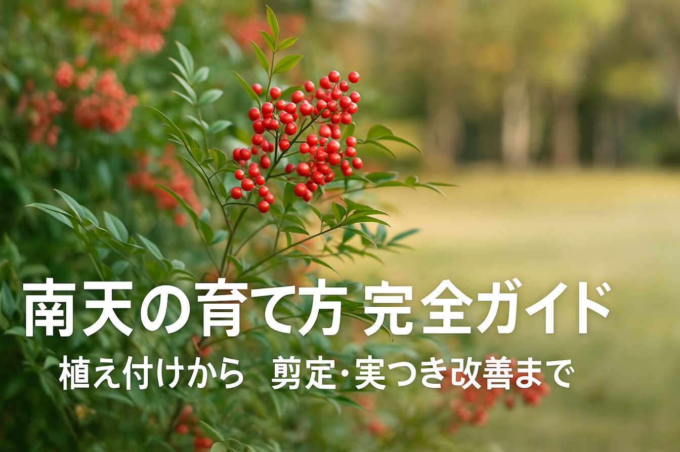 南天の赤い実と緑の葉を背景に、「南天の育て方 完全ガイド　植え付けから剪定・実つき改善まで」と表示されたアイキャッチ画像。