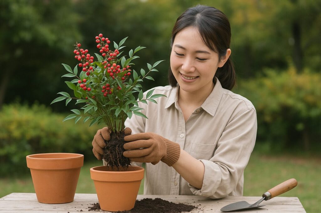 春の庭で日本人女性が南天(ナンテン)の鉢植えを植え替えている様子。赤い実と緑の葉が美しく映え、テラコッタ鉢と柔らかな日差しが穏やかな雰囲気を演出している。
