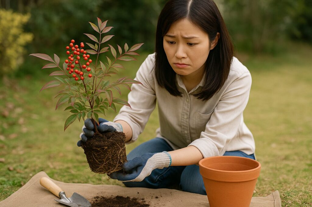 南天(ナンテン)の植え替え後に元気がない様子を心配そうに観察する日本人女性。鉢から取り出した南天の根を確認し、原因を探っている。庭の芝生の上で行う丁寧な園芸作業の場面。
