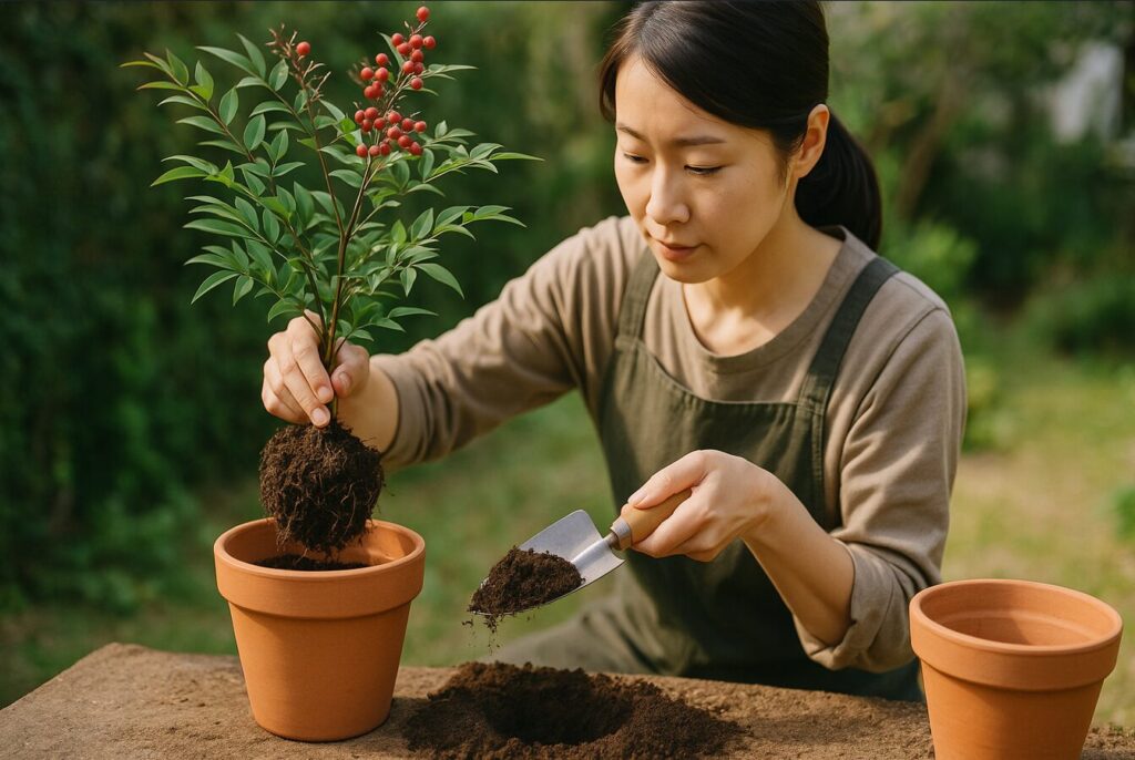 日本人女性が庭で南天(ナンテン)をテラコッタ鉢に植え替えている様子。スコップで土を入れながら根鉢を丁寧に扱う。背景の緑と柔らかな光が調和し、落ち着いた園芸作業の雰囲気を伝える構図。