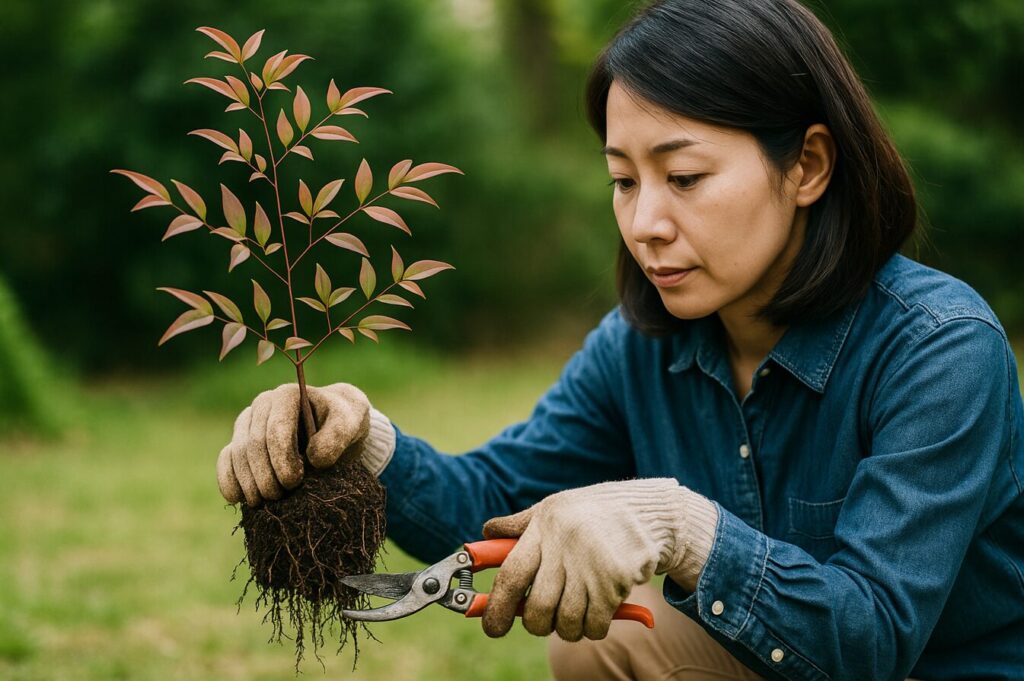 南天(ナンテン)の植え替え時に、日本人女性が清潔な剪定ばさみで傷んだ根を丁寧に切っている様子。青いシャツと手袋姿で慎重に作業しており、背景の緑の庭が穏やかな雰囲気を演出している。