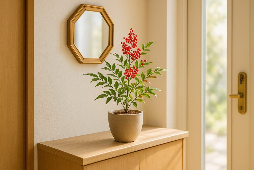 赤い実をつけた南天(ナンテン)の鉢植えが、明るい日差しが差し込む日本の玄関のシューズボックスの上に置かれている。壁には八角形の鏡が掛けられ、光を反射して玄関全体を明るくしている。清潔で縁起の良い雰囲気のインテリア。