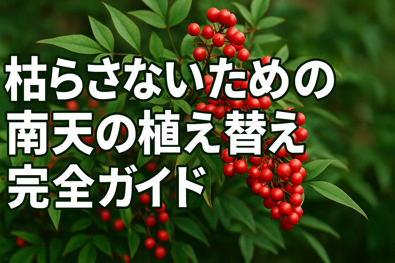 南天（ナンテン）の赤い実と緑の葉を背景に、「枯らさないための南天の植え替え完全ガイド」という白い太字テキストが中央に配置されたアイキャッチ画像。明るく自然で、読者の興味を引くデザイン。